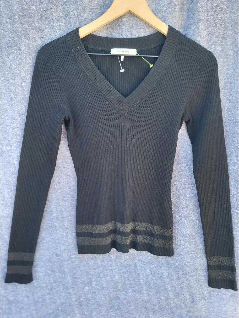 FRAME Black Knit V-Neck Sweater Cyber Chic Y2k Quiet Lux XS